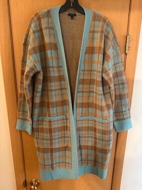 Talbots Women’s Plaid Open Front Long Line Cardigan Sweater Teal Tan Medium